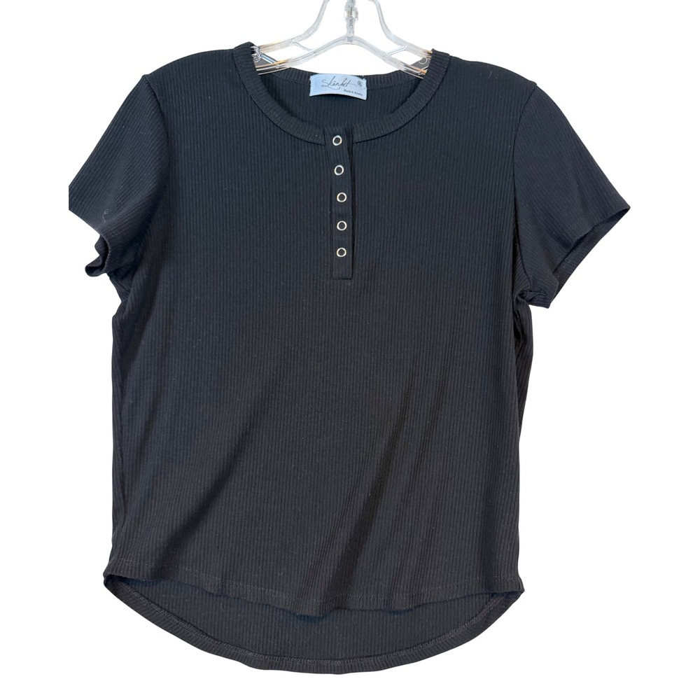 Skanhet Womens Black Ribbed Henley Short Sleeve Top •L• Curved Hem Layering 90's